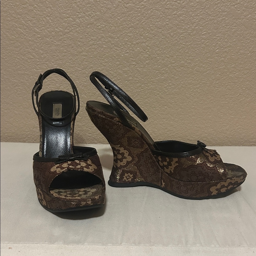 PRADA Vernice platform open toe embroidered tapestry wedges